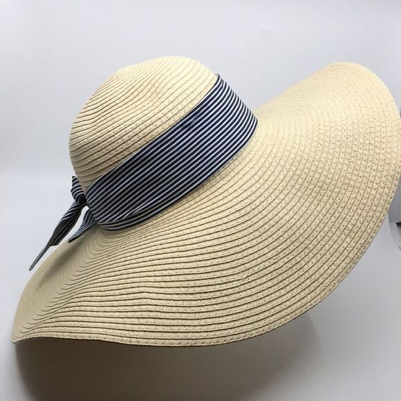Jones New York floppy straw sun hat with blue and white twilly ribbon OSFA - Picture 6 of 14